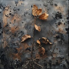 Dying plant with dry brown leaves on abstract grunge background