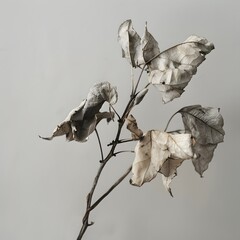 Dried Faded Leaves on a Branch Against a Light Gray Background