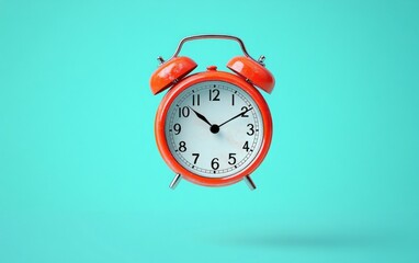 Bright orange vintage alarm clock floating against a vibrant turquoise background showing 10:10 time, evoking a sense of urgency and nostalgia
