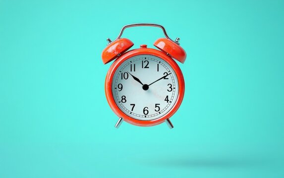 Bright orange vintage alarm clock floating against a vibrant turquoise background showing 10:10 time, evoking a sense of urgency and nostalgia