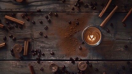 Overhead shot of a coffee cup with latte art on a rustic wooden surface