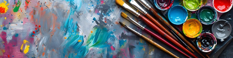 Art supplies banner showcasing a colorful array of paint material