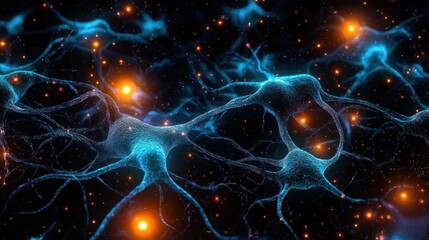 Blue glowing neuron cells interconnected with bright orange synapses in a dynamic neural network environment