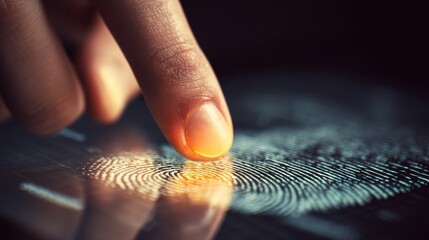 Close-Up View of Finger Touching Digital Screen Displaying Bright Fingerprint in Dark Environment for Security and Authentication Concept