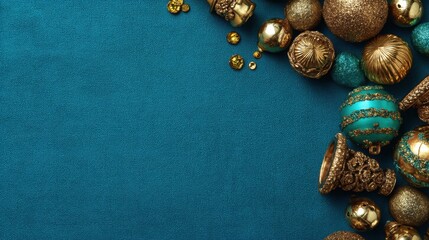Festive Gold and Blue Christmas Ornaments on a Vibrant Teal Background for Holiday Decoration Concepts and Seasonal Celebrations in Home Design