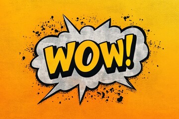 Bright yellow comic-style explosion with the word wow in bold yellow letters on a white cloud and orange background conveying excitement and surprise