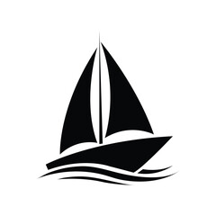 Single black silhouette of a sailing boat on gentle waves over white background