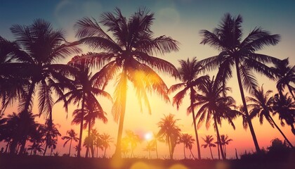 Silhouetted Palm Trees At Sunset Vintage Summer Vacation Bokeh