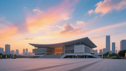 Obraz premium City Square with Modern Architecture and a Sunset Sky for a Business District Background