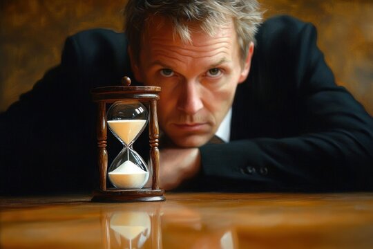 Man in suit resting head on table looking intently at hourglass with sand running out symbolizing contemplation and urgency