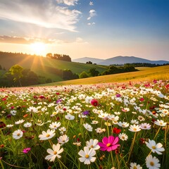 A vibrant field of wildflowers under a golden sunset