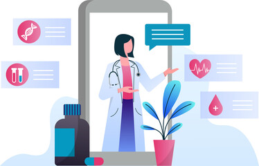 Digital Doctor Illustration with Data Icons Female Doctor in Lab Coat and Stethoscope on Smartphone Screen with Potted Plant and Pill Bottle in Transparent Background