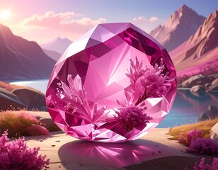 Radiant Gemstone Encapsulating a Floral Landscape
