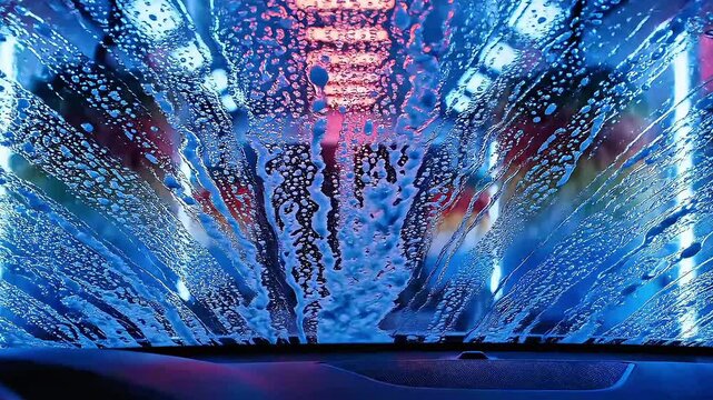Colorful blue and pink neon lights illuminate soapy water on a car's windshield during an automated wash.