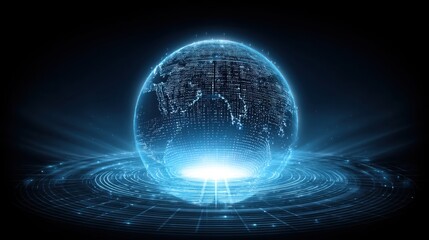 Digital representation of Earth with glowing data points and light effects, showcasing technology, connectivity, and global communication in a dark background