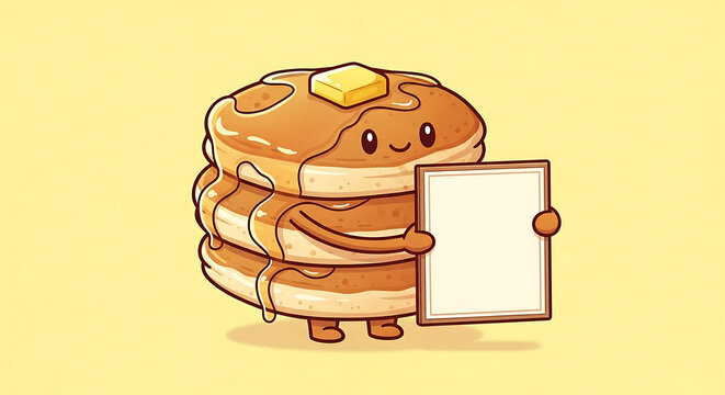 Cute pancake stack character holding a blank sign with syrup and butter on a light yellow background for breakfast menu