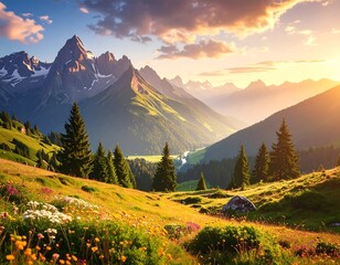 Majestic alpine valley at golden hour