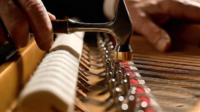 Close-up of a piano technician using a hammer to tune a piano.