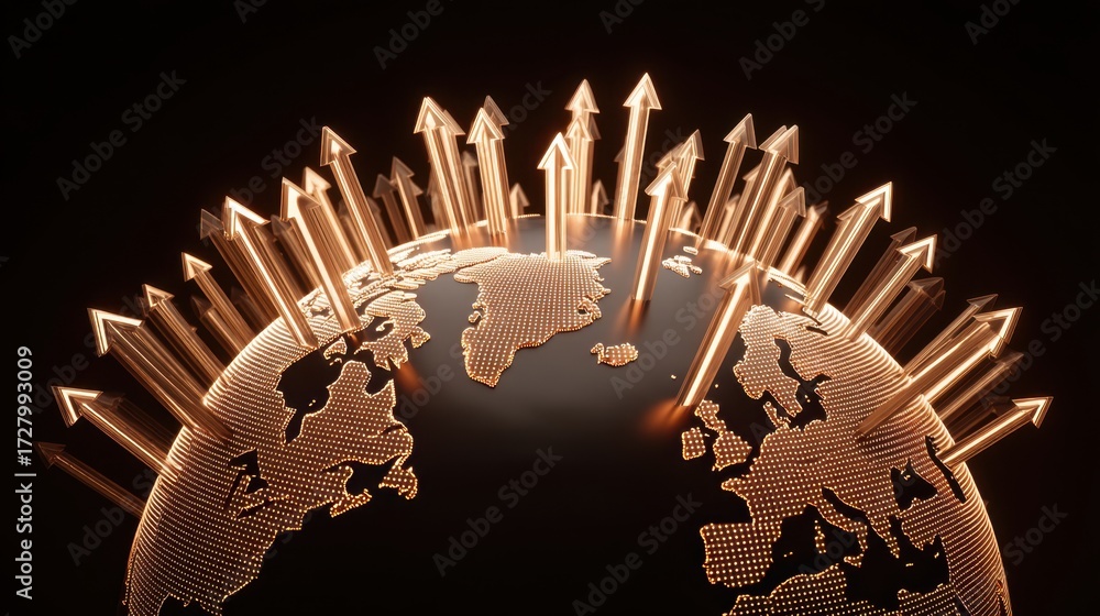 Poster 3d rendering of earth with luminous arrows signifying growth and progress over a dark background for