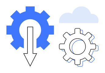 Blue gear with downward arrow signifying process or download, outlined gear, and cloud suggesting cloud storage. Ideal for technology, cloud computing, data sharing, process automation, innovation