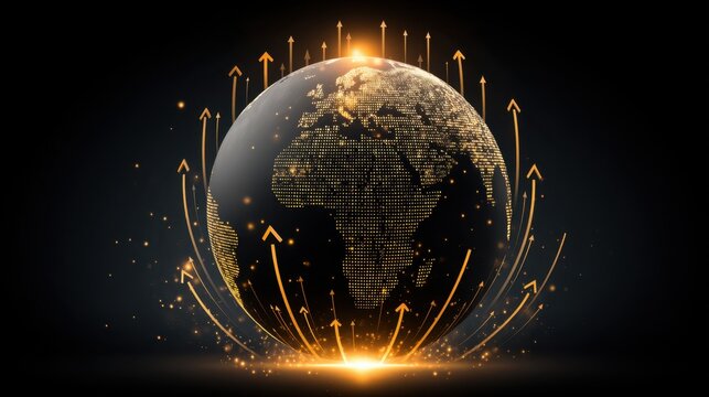 Abstract digital global network with glowing globe and bright arrows illustrating international connections and technological advancement in dark background