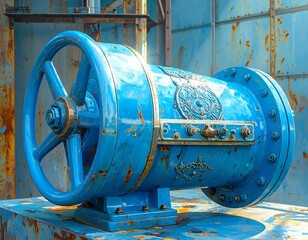 Industrial blue machinery component in a factory setting