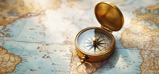 golden compass open placed on an old vintage world map showing continents and oceans with a warm light shining on the scene