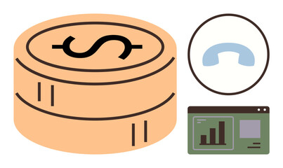 Stack of coins with dollar sign, circle suggesting communication, and bar chart analytics. Ideal for business, finance, communication, investment, analytics e-commerce digital economy. Simple flat