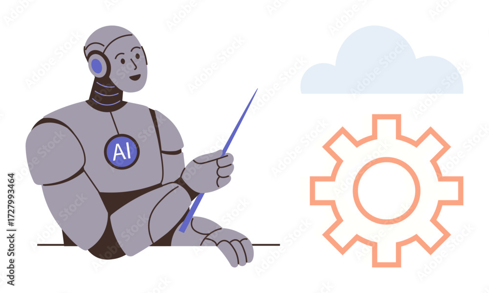Poster robotic figure with ai emblem holding pointer toward cloud and gear elements. ideal for technology, 