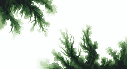 Obraz premium Watercolor painting of abstract green branches isolated on white background, creating a calming and organic feel with delicate details and flowing lines