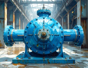 Industrial blue pump in a large factory