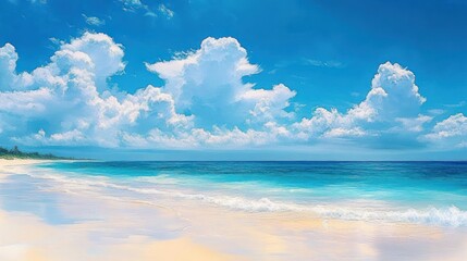 Obraz premium Bright sunny beach with soft waves, white sandy shore, turquoise ocean, lush greenery in distance under a vibrant sky with large fluffy white clouds