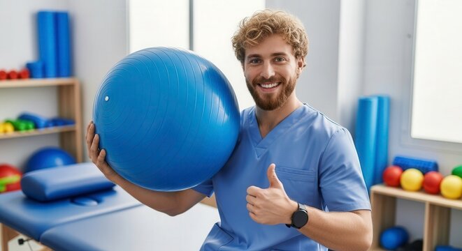 Physical therapist holding a large blue exercise ball and giving thumbs up