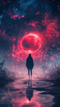 A person standing in front of a red galaxy