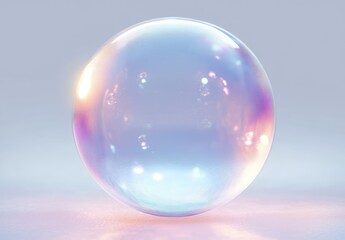 A large translucent soap bubble reflecting soft pastel colors and light on a smooth surface with a gentle glow