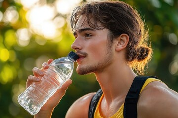 young man drinking water from a plastic bottle outdoors during sunset with sweat on his skin after exercise
