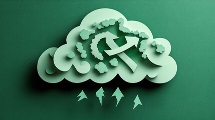 Paper-cut style illustration of a green cloud with arrows pointing upward and outward, conveying ideas of growth, direction, and creative flow against a green background