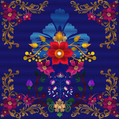 Traditional Thai floral textile pattern, colorful ornamental fabric design with ethnic and folk art motifs on black background, seamless decorative pattern for fashion, wallpaper, and home decor