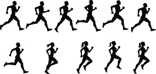 Silhouette collection of male and female runners, jogging exercise, marathon athletes, fitness workout, outdoor training, sports activity, healthy lifestyle illustration
