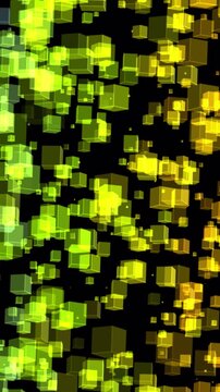 Pixelated posterised cubes in yellow and green float in digital darkness, perfect for retro design projects, gaming graphics, or abstract vertical backgrounds.