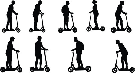 Obraz premium Silhouette collection of people riding electric scooters, modern eco friendly city transport, urban commuting, sustainable mobility, outdoor lifestyle, personal transportation