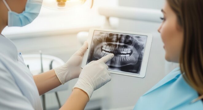 Dentist showing dental xray on tablet to patient in clinic