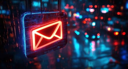 Glowing neon red envelope icon hanging in a rainy futuristic cyberpunk cityscape with blurred vibrant blue and red lights