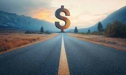 Long empty road in a natural landscape at sunset with a giant dollar sign standing vertically at the end of the road symbolizing financial goals or economic journey