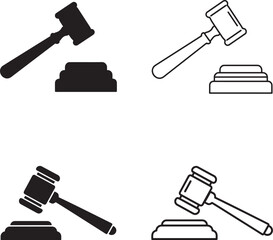 Four stylized illustrations of a judge s gavel and sounding block in silhouette and line art style