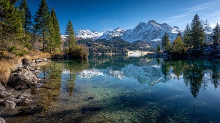 Fototapeta premium Snowy alpine landscape with lake and mountain peaks under soft light, tranquil outdoor scene highlighting wilderness adventure, scenic nature travel, and the cultural charm of alpine exploration