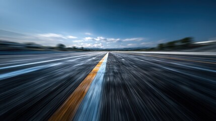 A Dramatic Low-Angle View of a Speeding Road Emphasizing Motion with Blurred Distances and a Clear Horizon under a Vibrant Sky