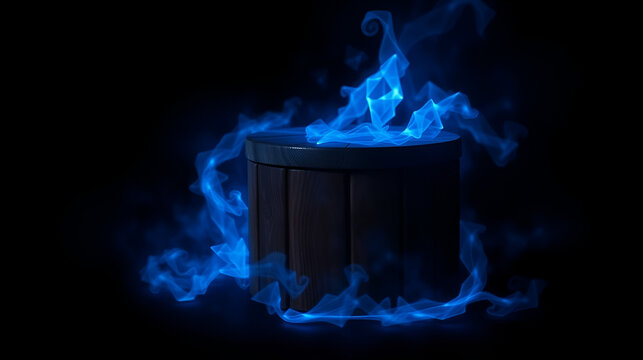 Blue Luminous Energy Surrounding Wooden Stool in Dark Setting