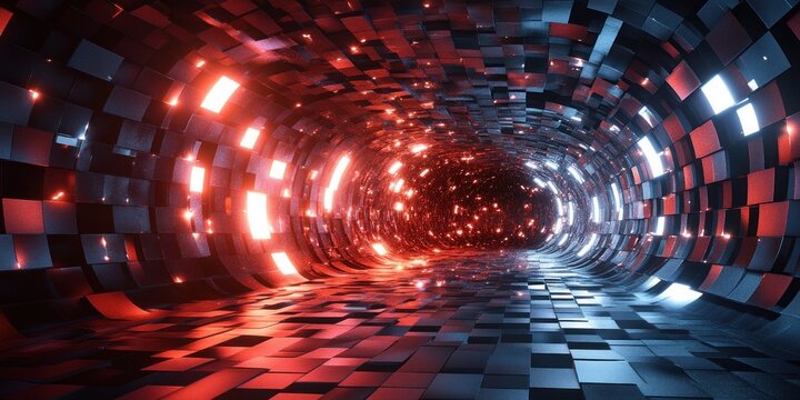 Futuristic tunnel with reflective black and red checkerboard tiles illuminated by dynamic red and white glowing lights creating a high-tech sci-fi atmosphere - Powered by Adobe
