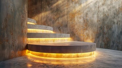 Fototapeta premium Spiral staircase with circular steps, illuminated by warm light, leading up to a textured wall.
